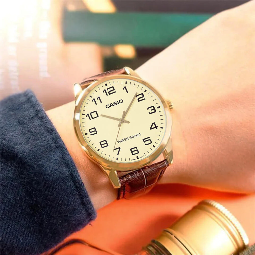 Reloj Casio MTP-V001GL-9BU Hombre Cuero Marrón | CAS-123