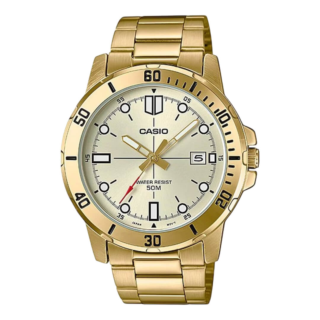 Reloj Casio MTP-VD01G-9E para hombre con brazalete de acero inoxidable dorado y diseño elegante.