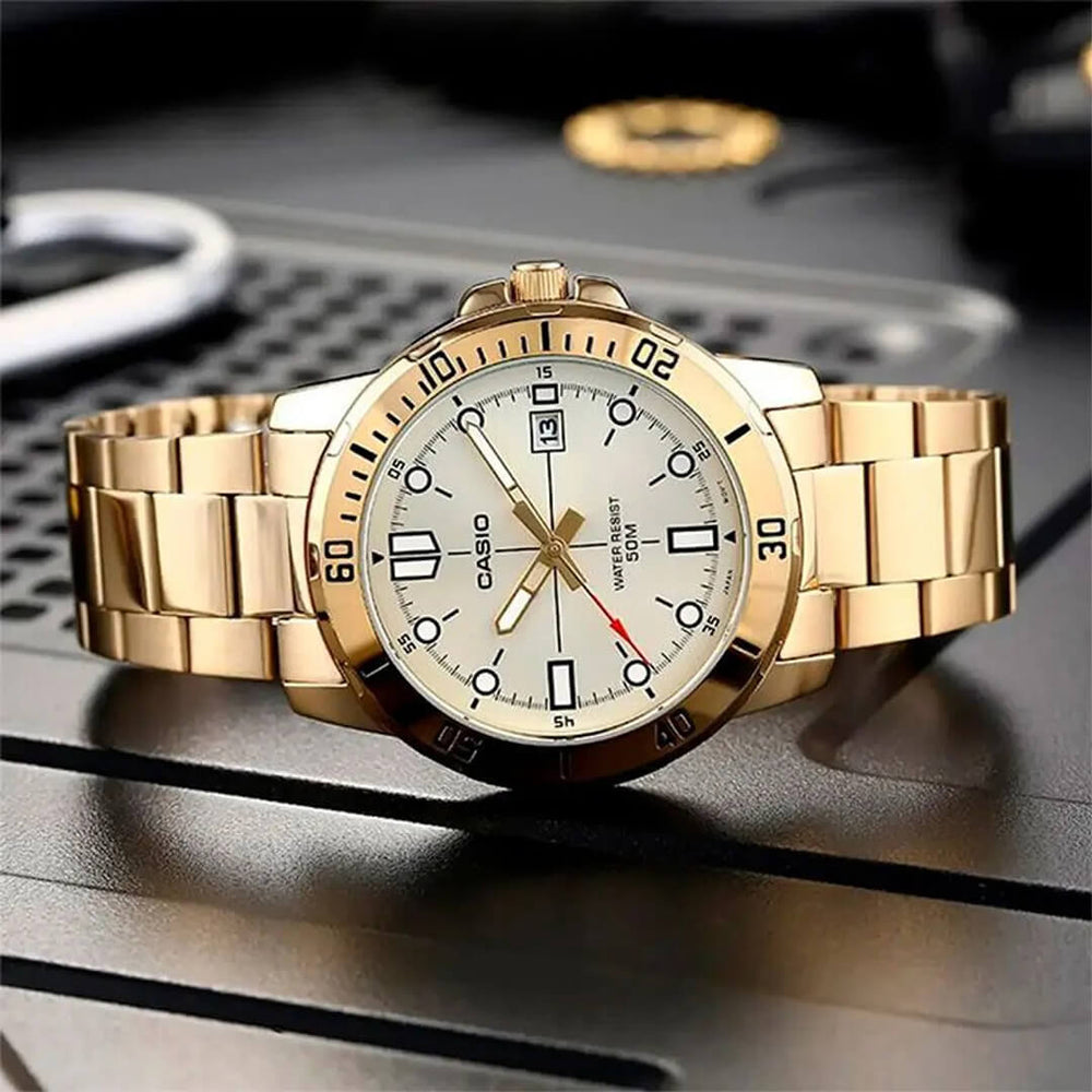 Reloj Casio MTP-VD01G-9E original para hombre con acabado dorado y movimiento de cuarzo.