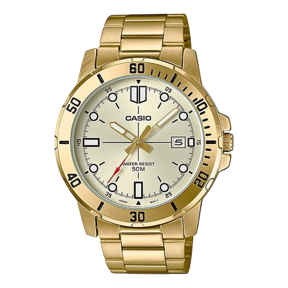 Reloj Casio MTP-VD01G-9E para hombre con brazalete de acero inoxidable dorado y diseño elegante.