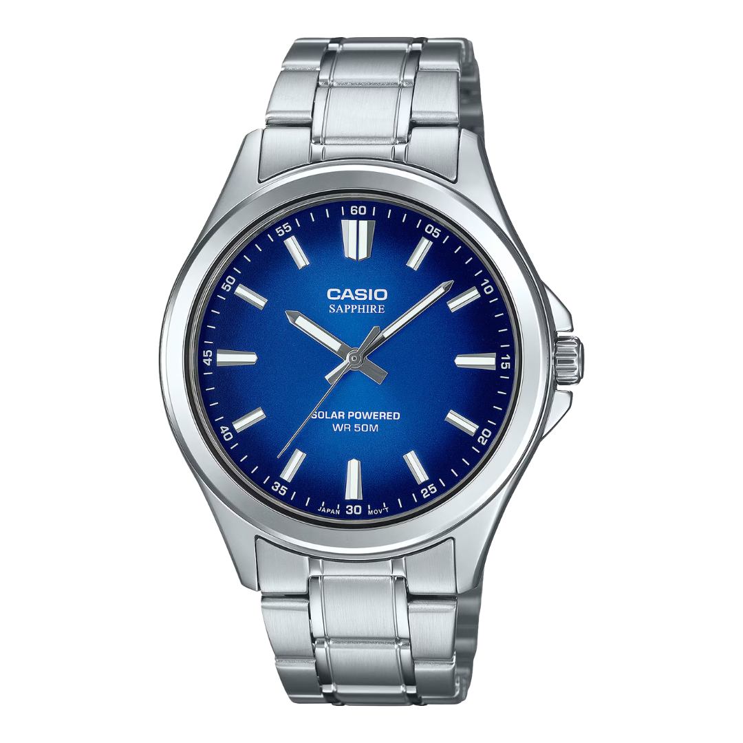 Reloj Casio MTS-RS100D-2A plateado con esfera azul sunray para hombre