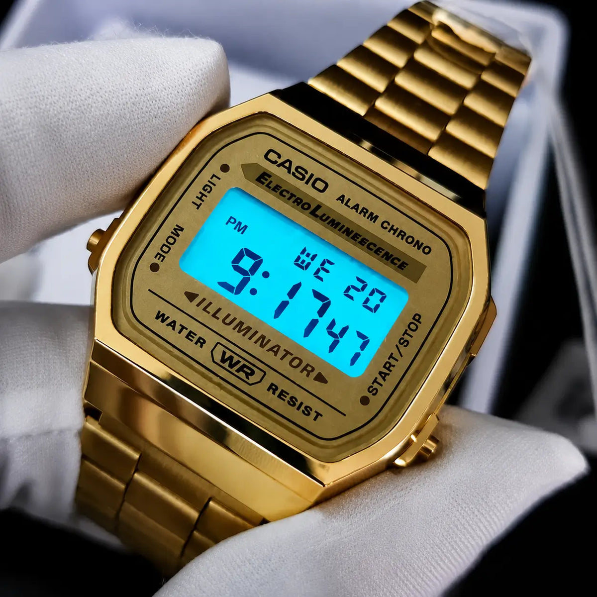 Detalle de la pantalla digital del Reloj Casio A168WG-9W