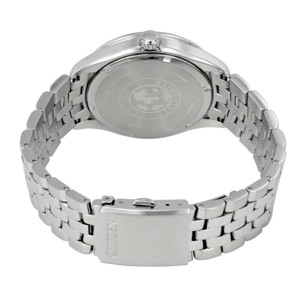 Detalle de esfera azul y brazalete de acero del Citizen BM7251-53L.
