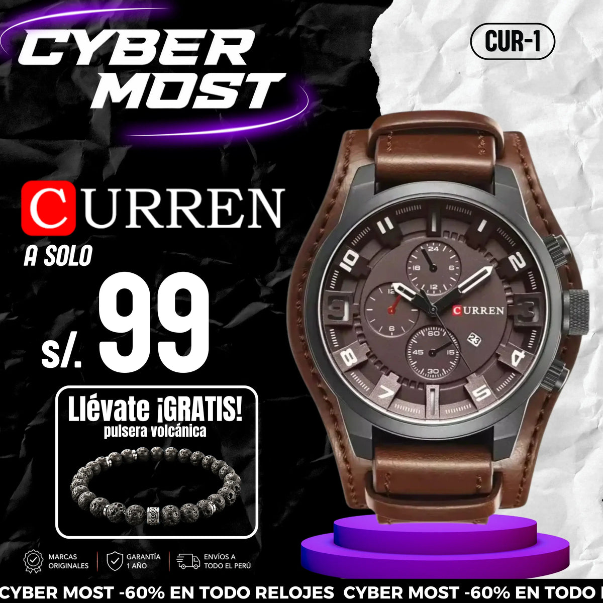 Reloj Curren Hombre Doble Cuero Marrón | CUR-1