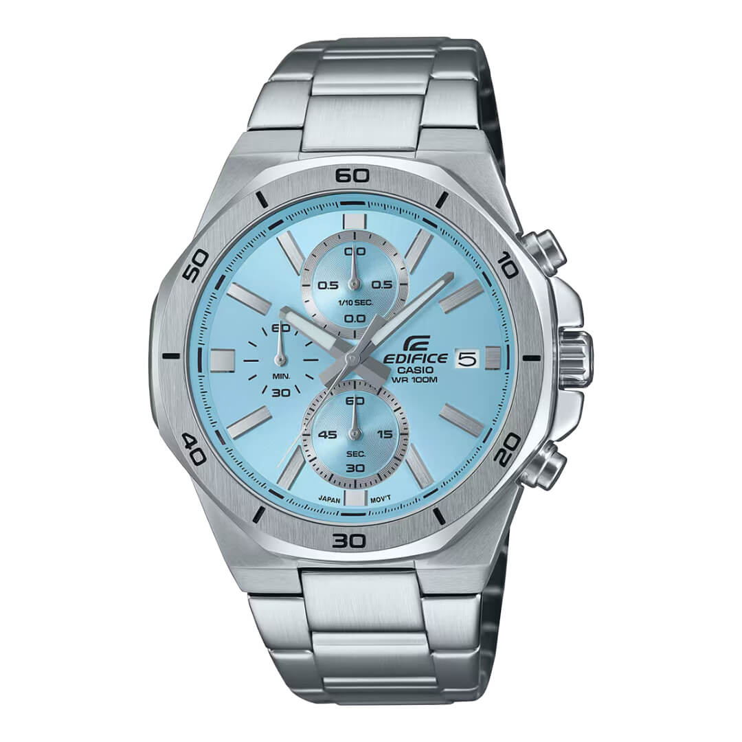 Reloj Casio Edifice EFV-640D-2B para hombre de acero inoxidable con esfera celeste.