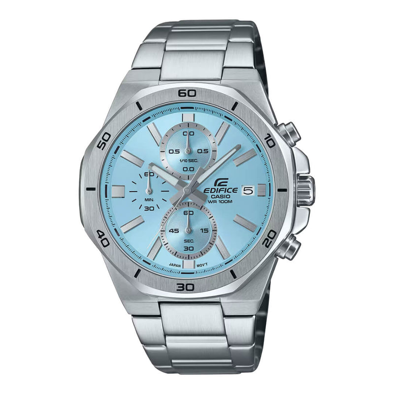 Reloj Casio Edifice EFV-640D-2B para hombre de acero inoxidable con esfera celeste.
