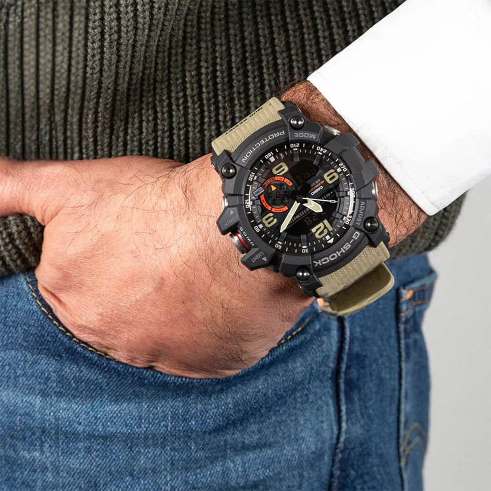 Reloj G-Shock Mudmaster GG-1000-1A5 puesto en la muñeca, estilo todoterreno militar