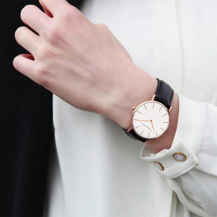 RELOJ HANNAH MARTIN CUERO NEGRO BLANCO HAN-M-11