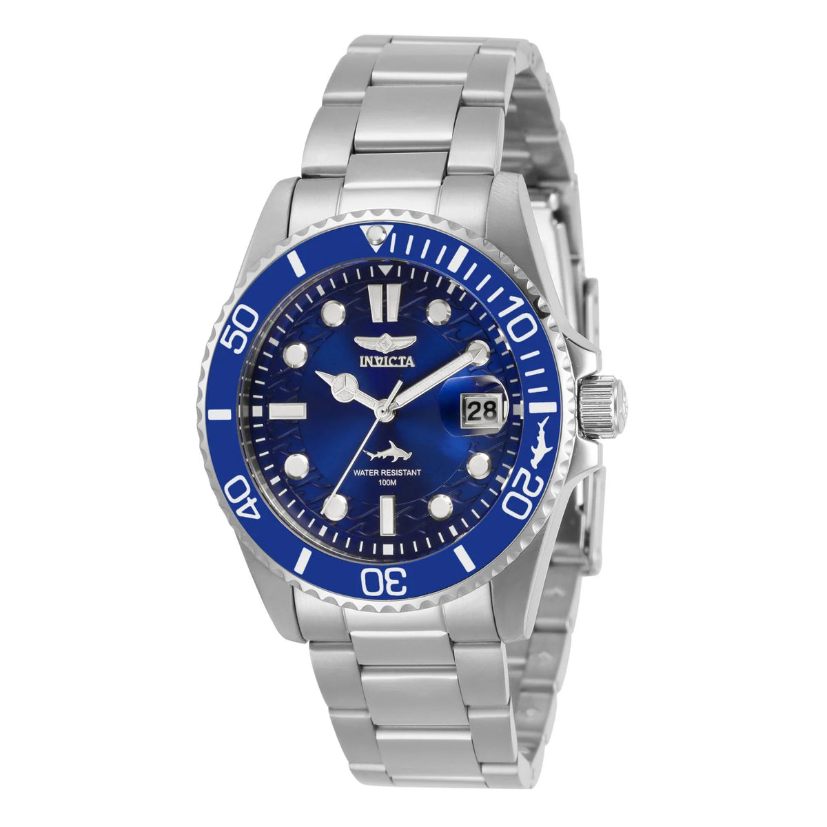 Reloj Invicta Pro Diver 30480 con esfera azul y brazalete plateado, vista frontal