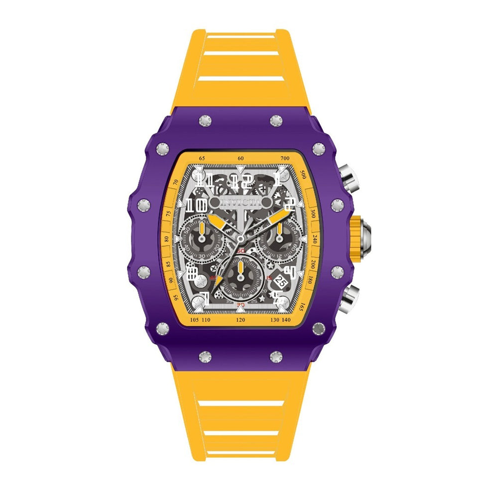 Reloj Invicta Racing 69699 hombre con correa de silicona amarilla y caja morada.
