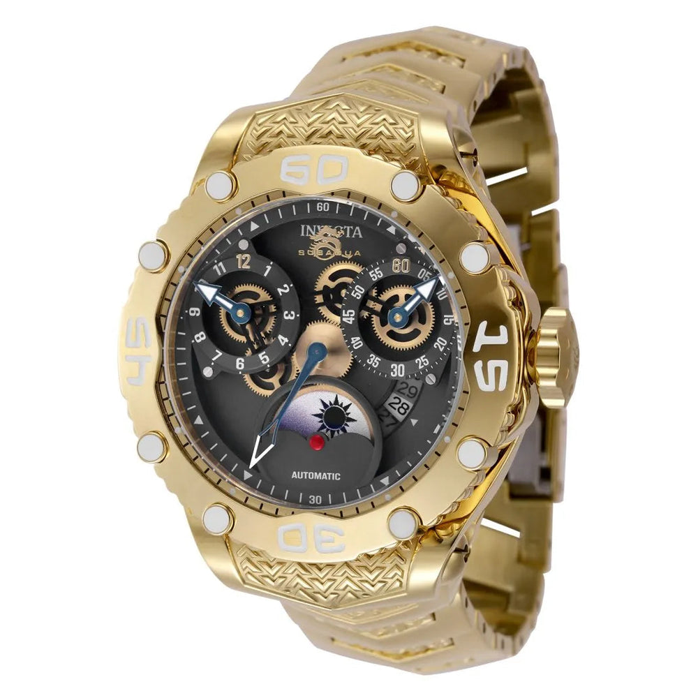 Reloj Invicta Subaqua Noma VIII 47569 dorado con esfera gris oscuro y brazalete de acero inoxidable, vista frontal.