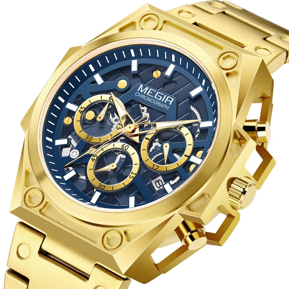 RELOJ MEGIR ACERO DORADO AZUL MEG-57