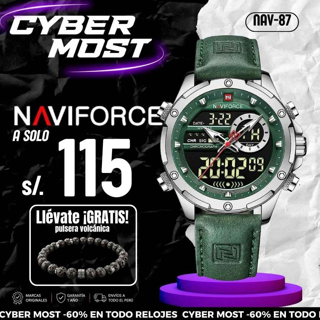 Reloj Naviforce NAV-87 para hombre, correa de cuero verde