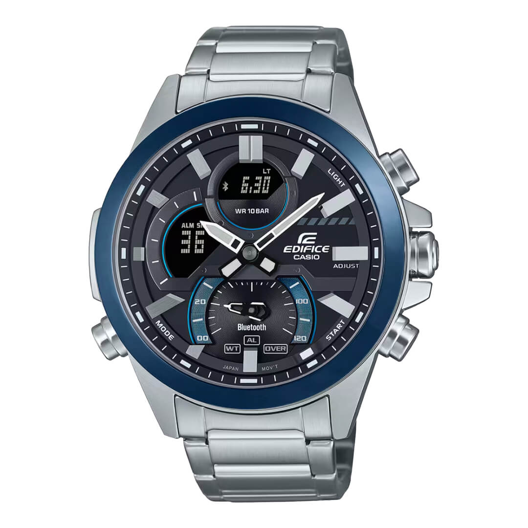 Reloj Casio Edifice Plateado-Negro ECB-30DB-1A-DF con correa de acero inoxidable y funcionalidad Bluetooth.
