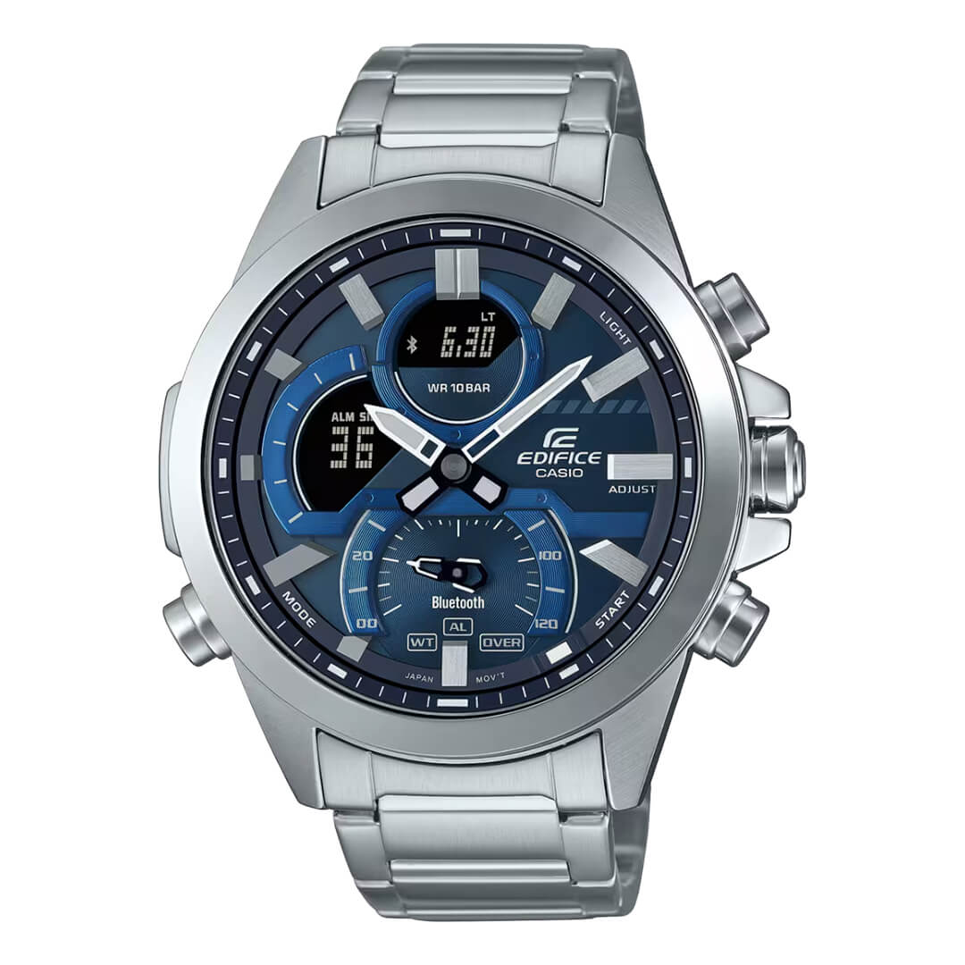 Reloj Casio Plateado-Azul ECB-30D-2AD, cronómetro moderno con correa de acero inoxidable y Bluetooth.