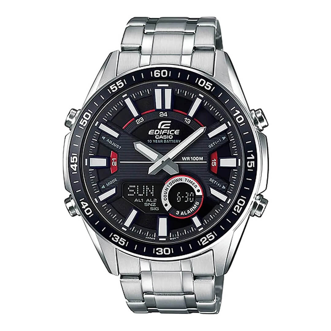 Reloj Edifice Plateado con esfera negra EFV-C100D-1AV, diseño moderno y sport elegante con múltiples funciones.