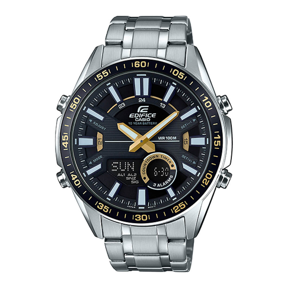 Reloj Edifice plateado-dorado EFV-C100D-1B, correa de acero inoxidable, diseño moderno para hombres.