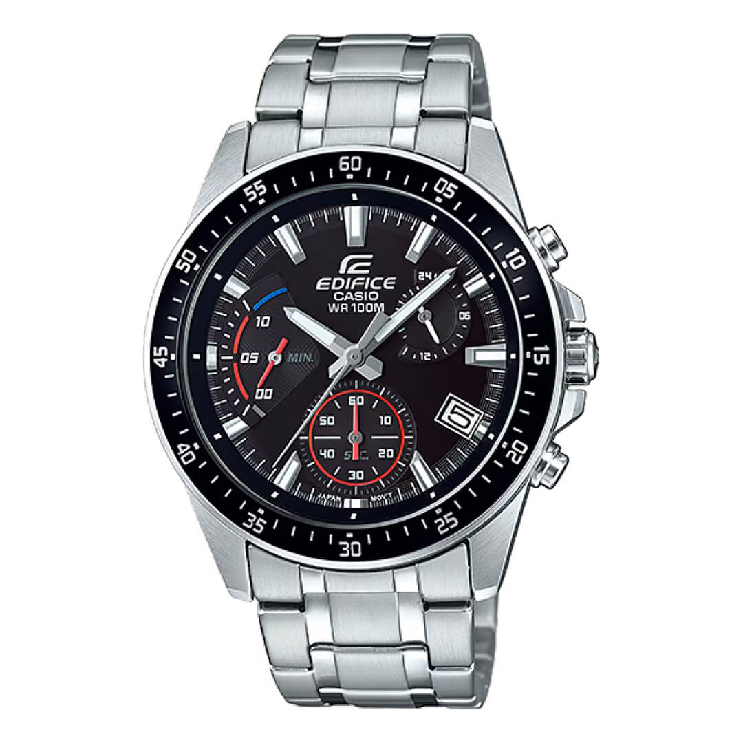 Reloj Casio Edifice plateado-negro EFV-540D-1A con correa de acero inoxidable y diseño moderno.