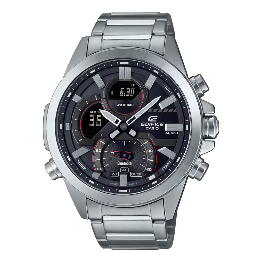 Reloj Casio Plateado-Negro ECB-30D-1A, cronógrafo Bluetooth, correa de acero inoxidable, elegante y moderno