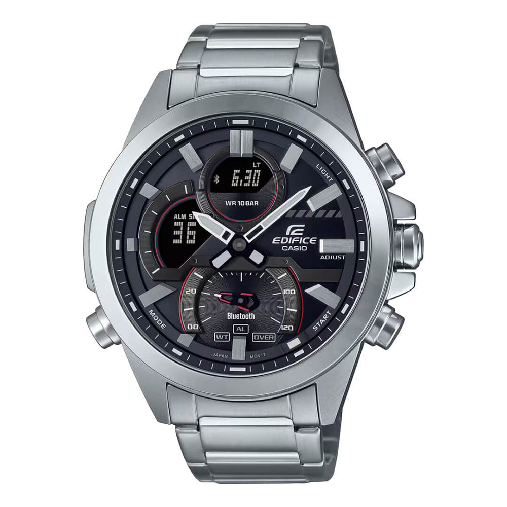 Reloj Casio Plateado-Negro ECB-30D-1A, cronógrafo Bluetooth, correa de acero inoxidable, elegante y moderno