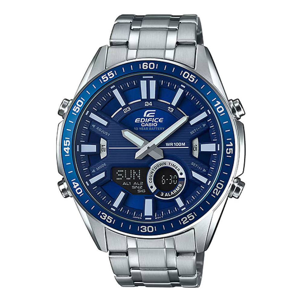 Reloj Casio Plateado-Azul EFV-C100D-2AVDF, elegante con correa de acero inoxidable, resistente al agua y 100% original.