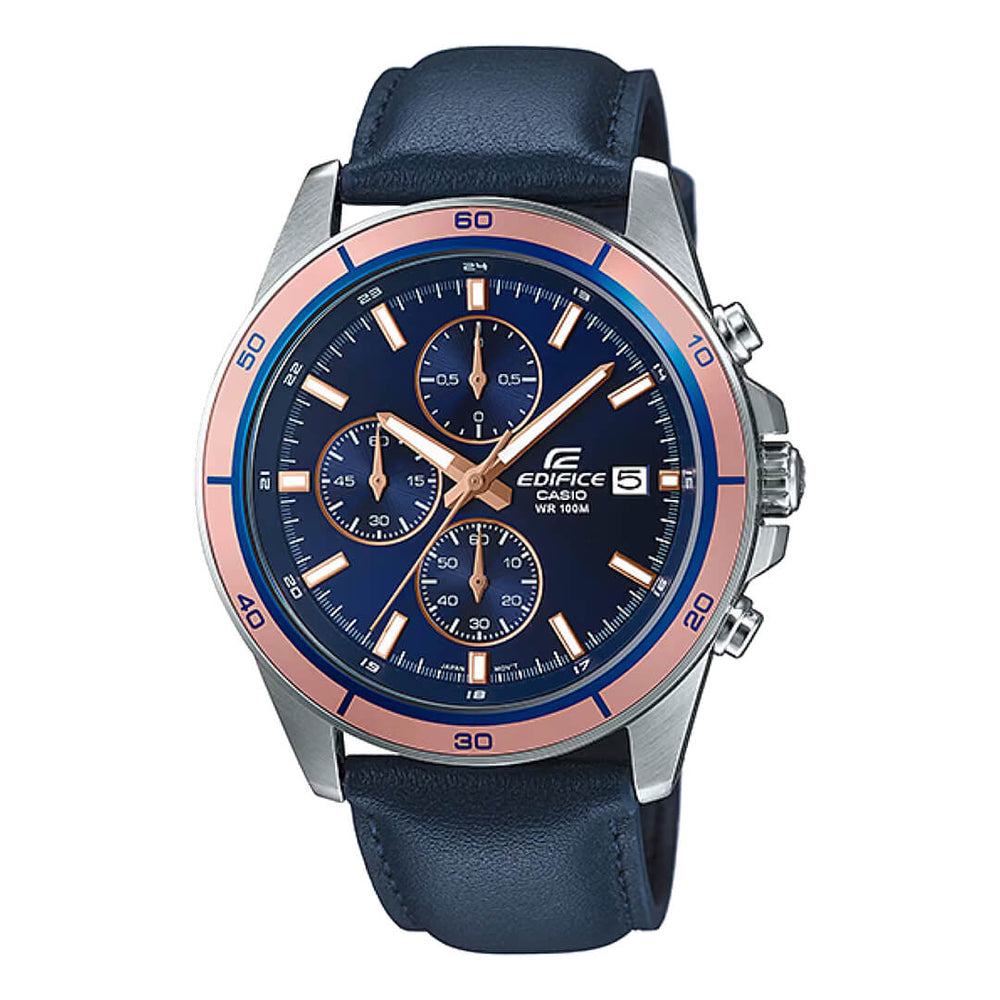 Reloj Casio Edifice EFR-526L-2AV, plateado-azul, correa de cuero, cronógrafo, original y elegante para hombres.