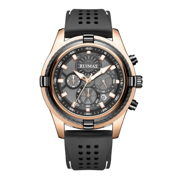 RELOJ RUIMAS NEGRO CON ORO ROSA Y CORREA SILICONA RUI-38