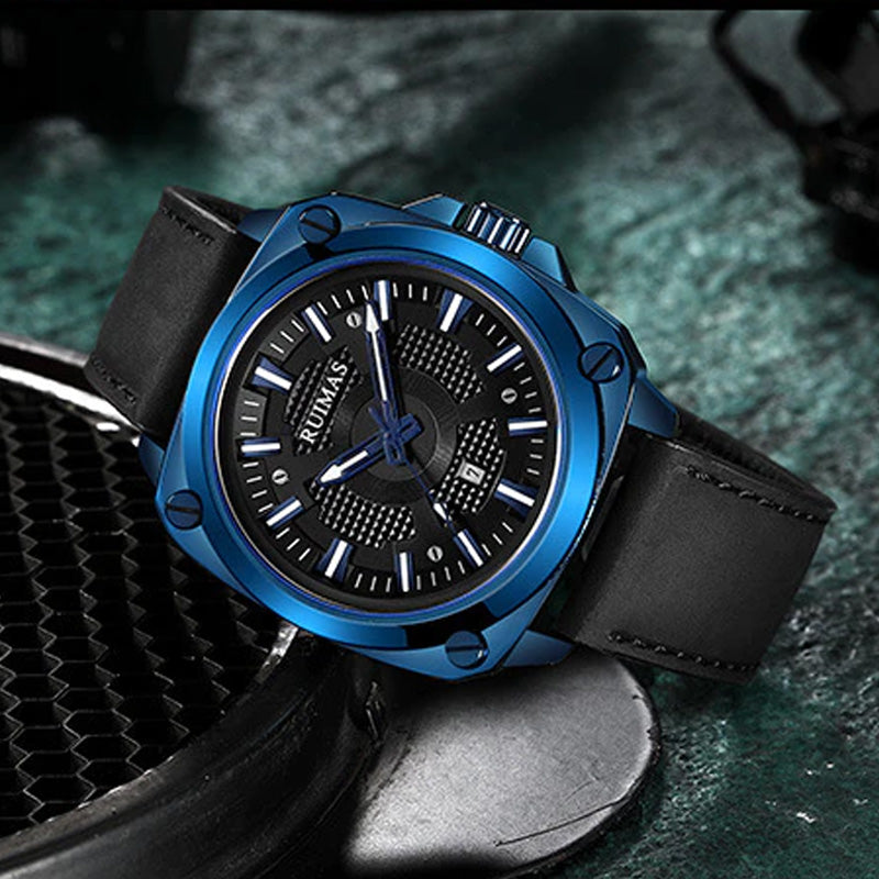 RELOJ RUIMAS ACERO AZUL CON CORREA DE CUERO RUI-35