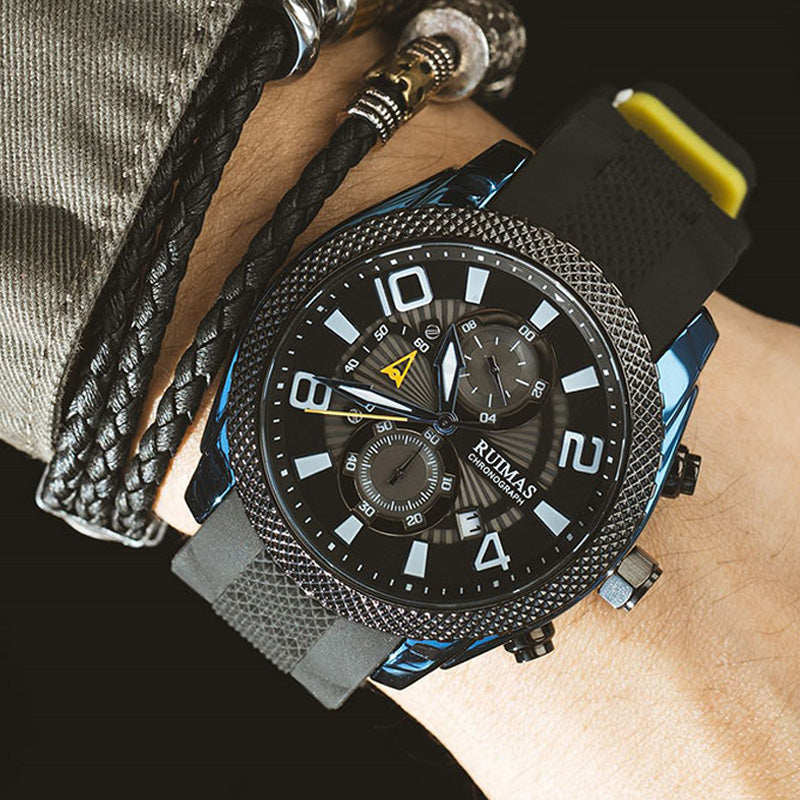 RELOJ RUIMAS ACERO NEGRO CON AZUL Y CORREA SILICONA RUI-42