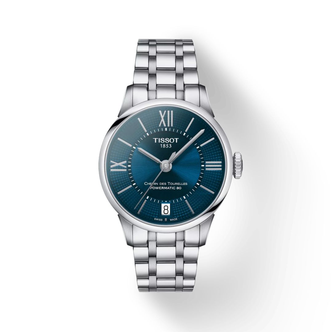 Tissot T0992071104800 para mujer: vista frontal del reloj de acero con esfera azul