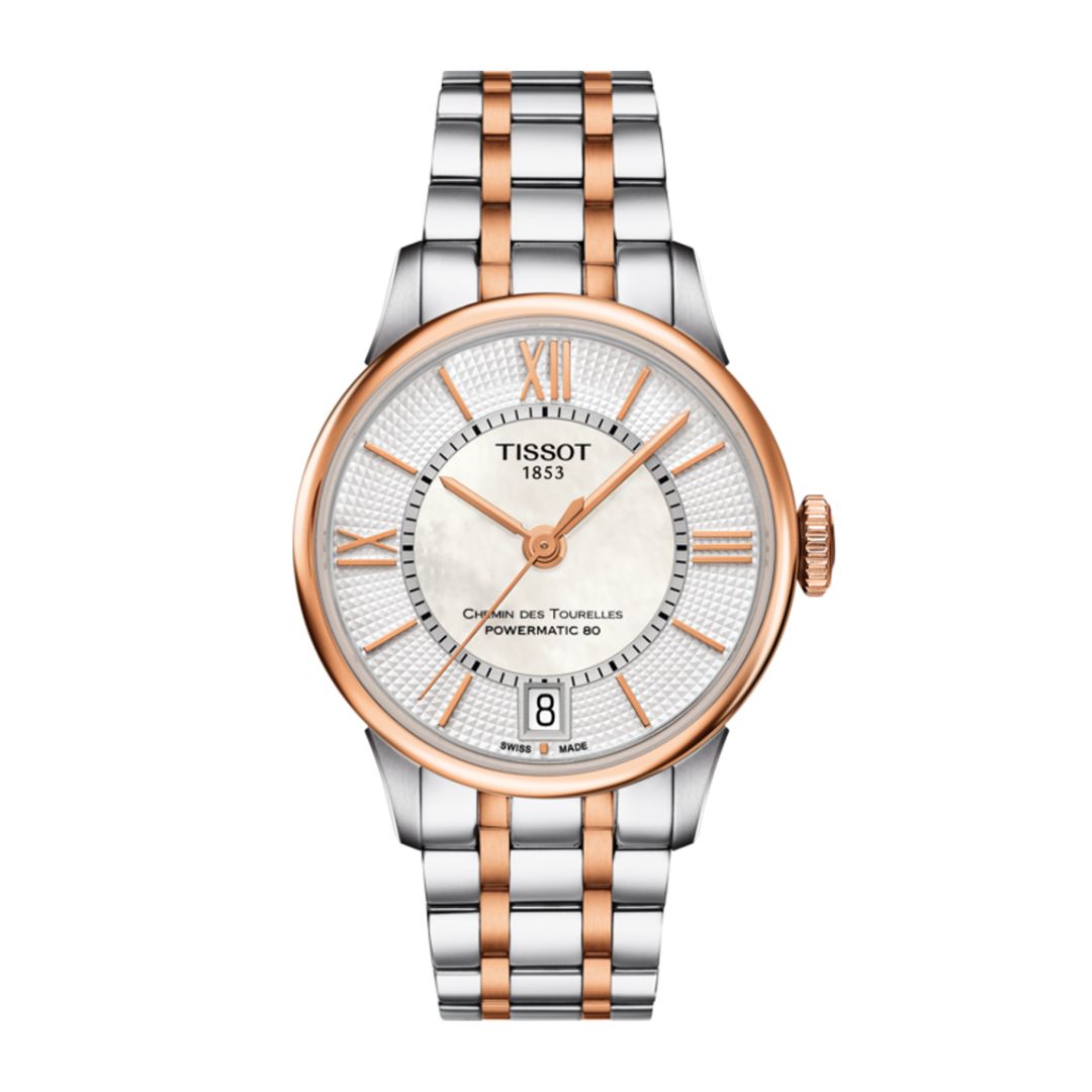 Tissot T0992072211802 para mujer: vista frontal del reloj bicolor con esfera de nácar