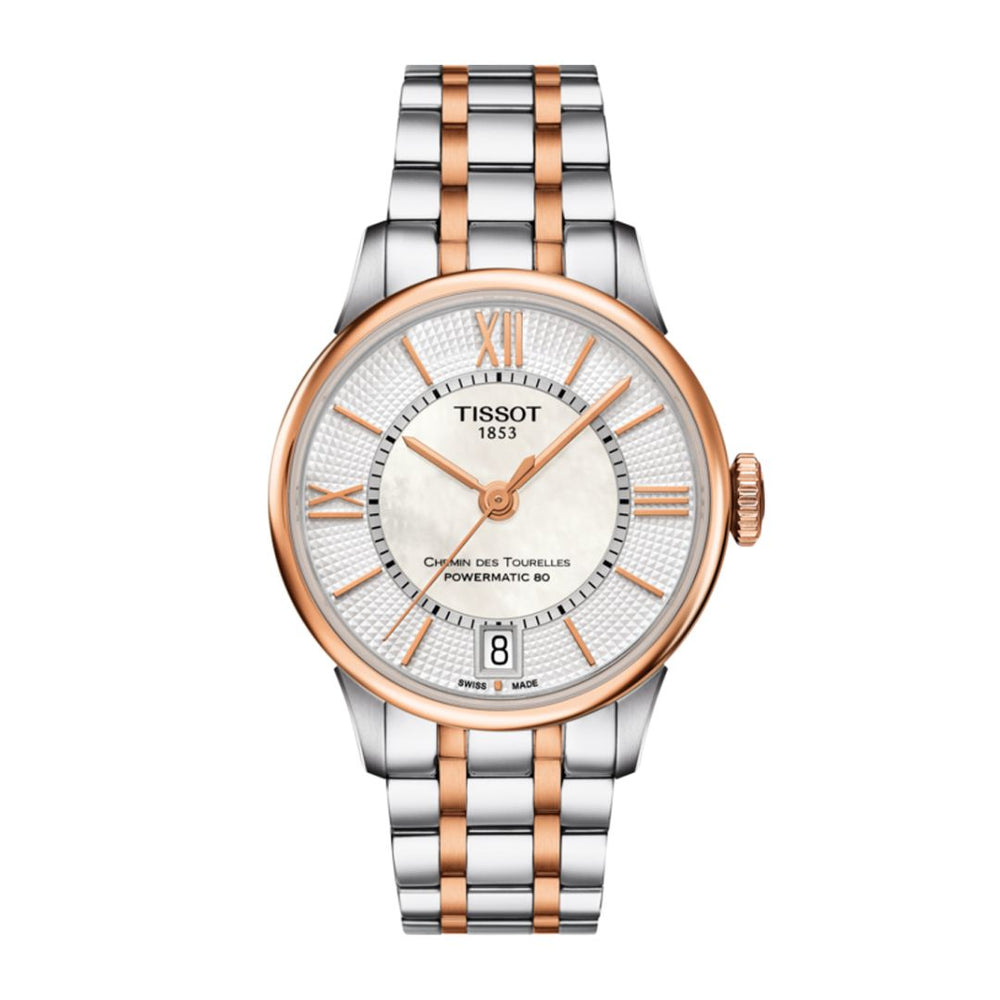 Tissot T0992072211802 para mujer: vista frontal del reloj bicolor con esfera de nácar